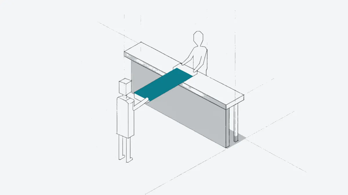 Illustration: A small faceless shopping robot and a shop clerk each hold an identical blank form across a counter, calm, pre…