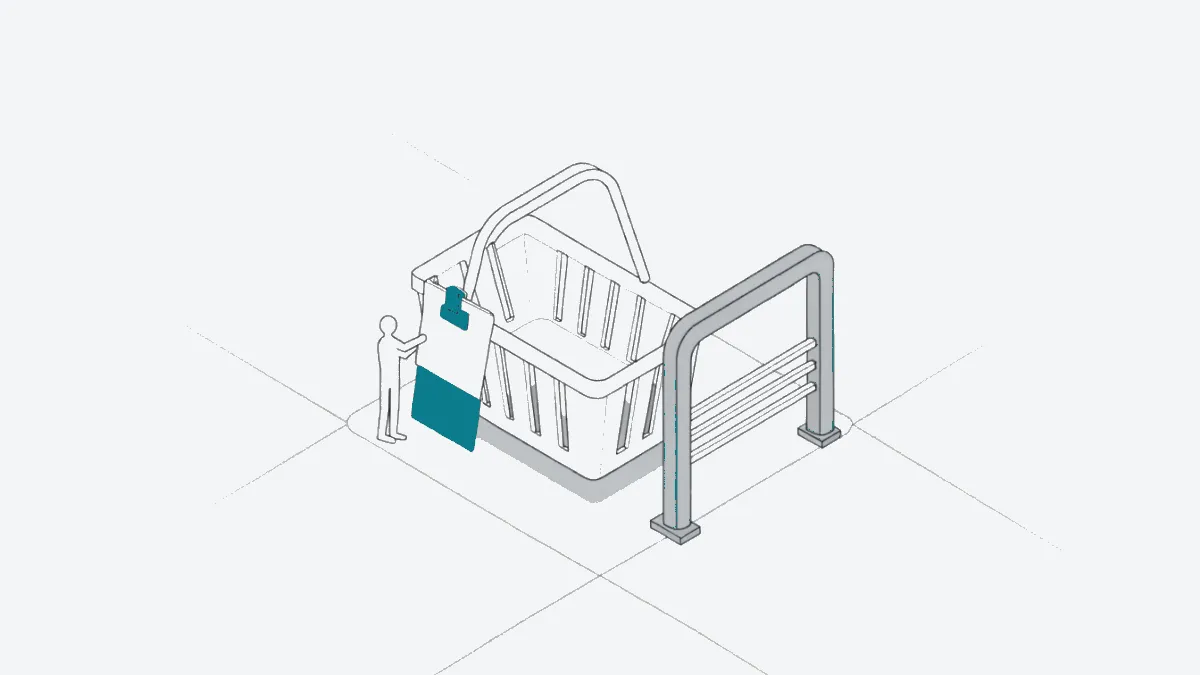 Illustration: A shopper clips a blank instruction tag to a basket before the basket passes a checkout gate, calm, precise.