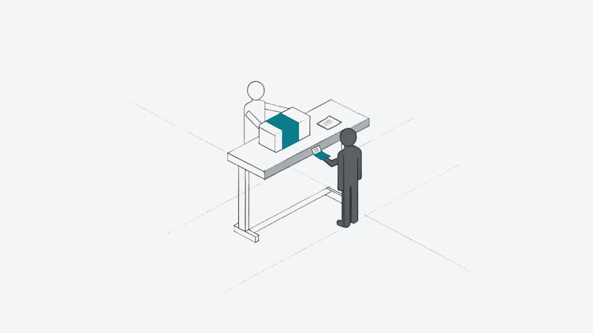 Illustration: A shopper receives a wrapped parcel and a receipt from the same clerk in one exchange, calm, precise.