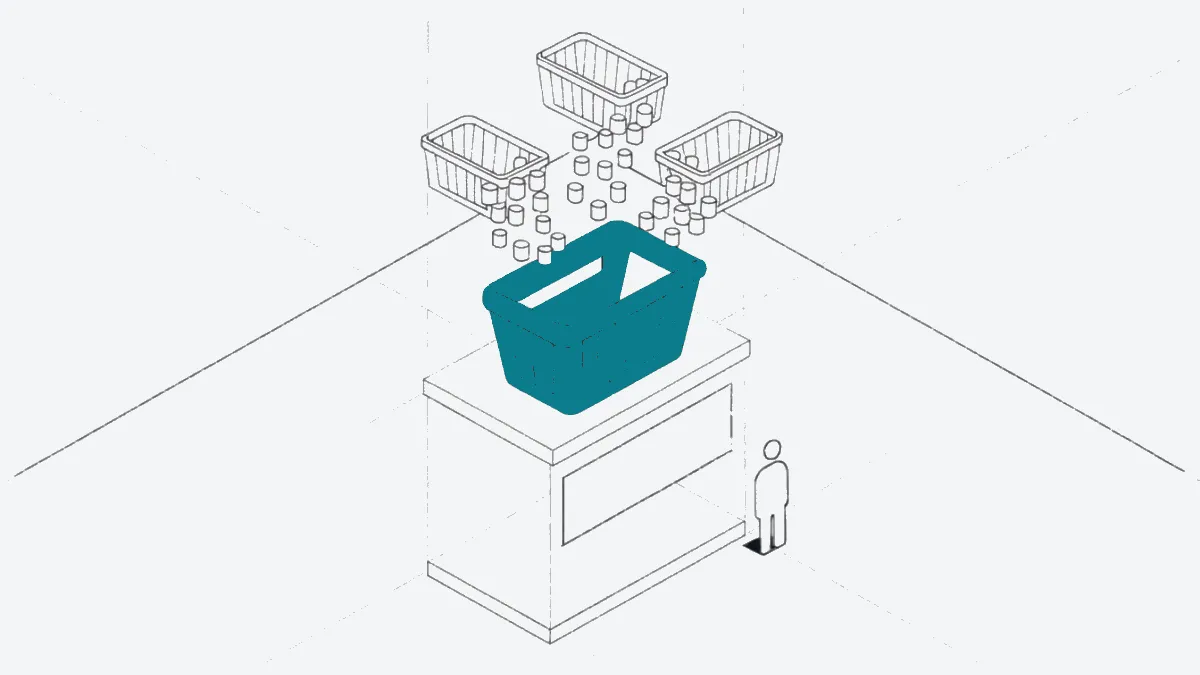 Illustration: Several small shopping baskets pour into one large basket at a checkout counter, calm, precise.