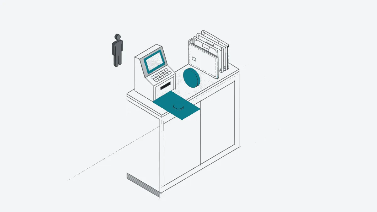 Illustration: A shop till takes a coin from a wallet that also holds paper notes, one counter for both, calm, precise.