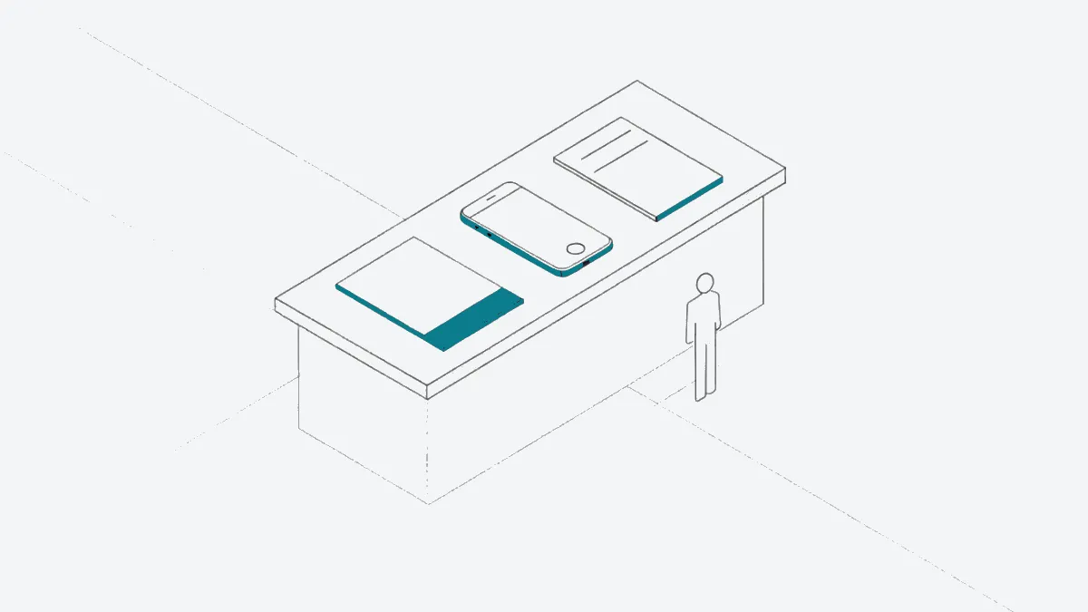 Illustration: One checkout counter shows a card, a phone, and a paper payment slip side by side, calm, precise.