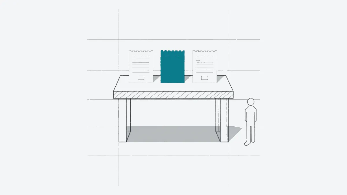 Illustration: A shop counter lays one purchase out as three equal paper slips in a row, calm, precise.