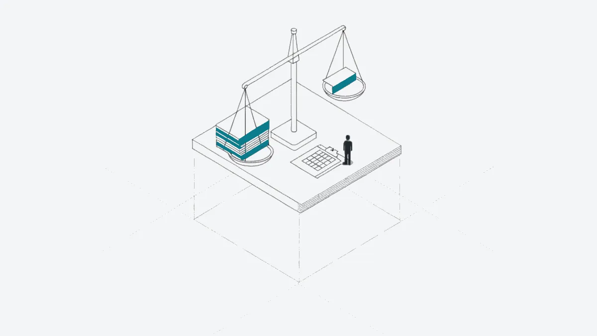 Illustration: A courthouse balance scale on a shop counter, a stack of premium cards on one pan and a small fee tag on the o…