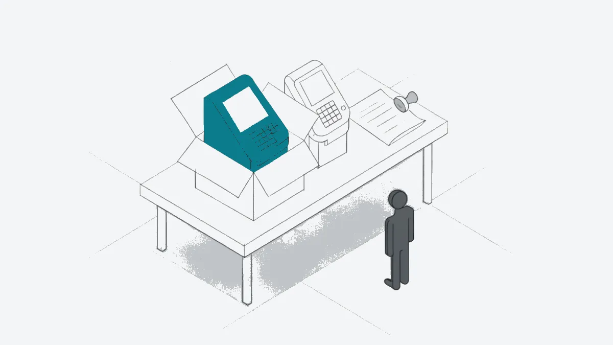 Illustration: A desert-city shop counter where a new card terminal is being unboxed beside an older one, an official stamp r…