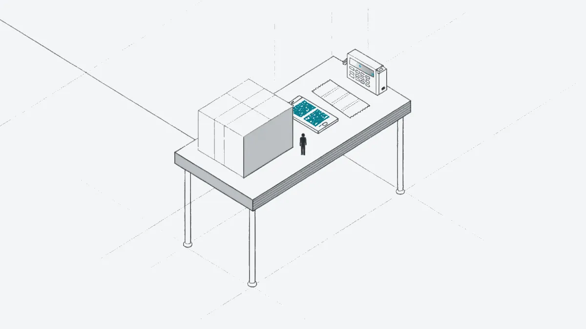 Illustration: A packing table where a parcel sits beside a phone showing a scan code and a receipt split into four equal str…