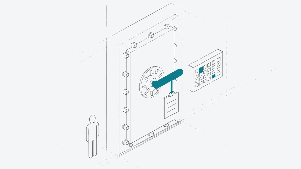 Illustration: A sealed vault door in a quiet hall with an inspector's clipboard hanging from its handle, a calendar on the w…
